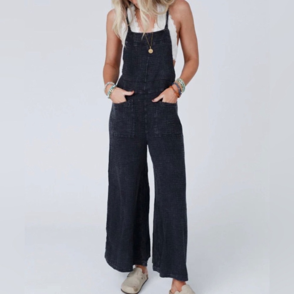 Easel Wide Leg Jumpsuit Jumper Black Overalls Washed Cotton New!